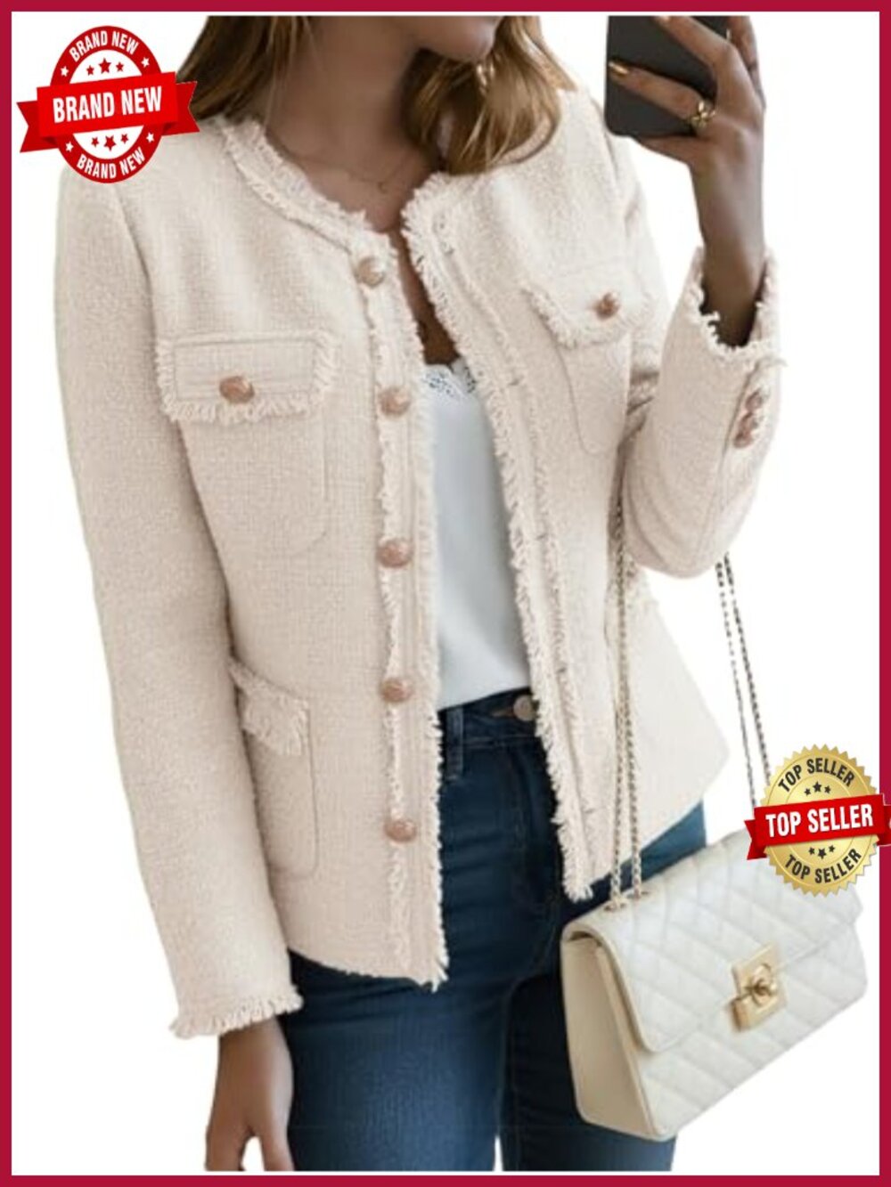 Tweed Blazer Jacket Crewneck Open Front Office Coat Pockets Fringe Trim